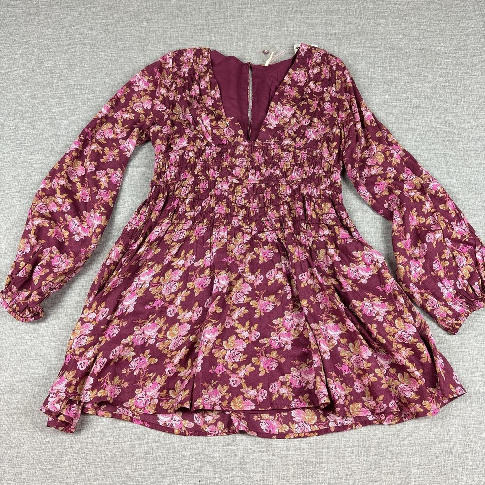 Free People Dress Womens Small Purple Floral Smocked Fit Flare Mini Long Sleeve‎